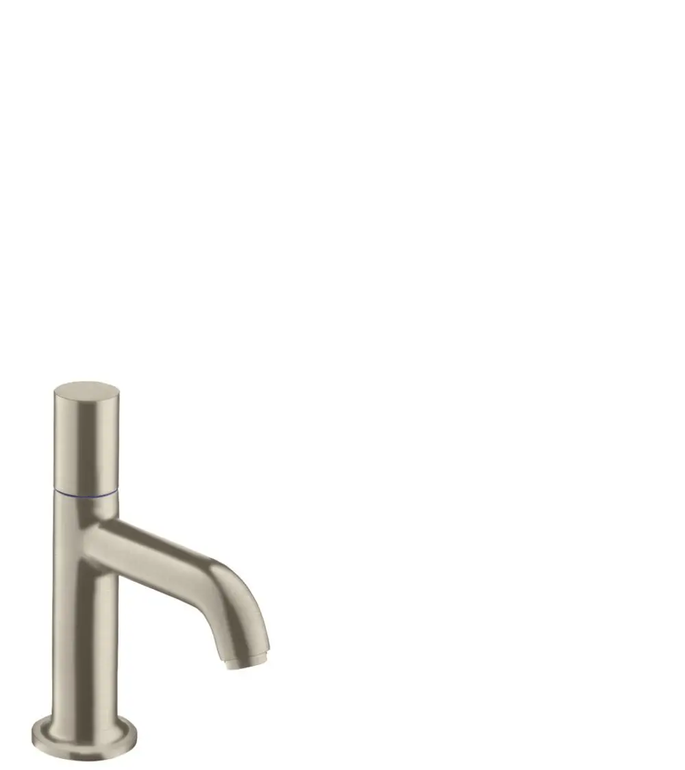 Standventil in brushed nickel-Finish von AXOR, mit schlanker, zylindrischer Form und einem gebogenen Auslauf. Keine Ablaufgarnitur vorhanden.